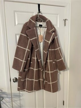Jessica Simpson Windowpane Teddy Coat in Mauve Pink and White NWT